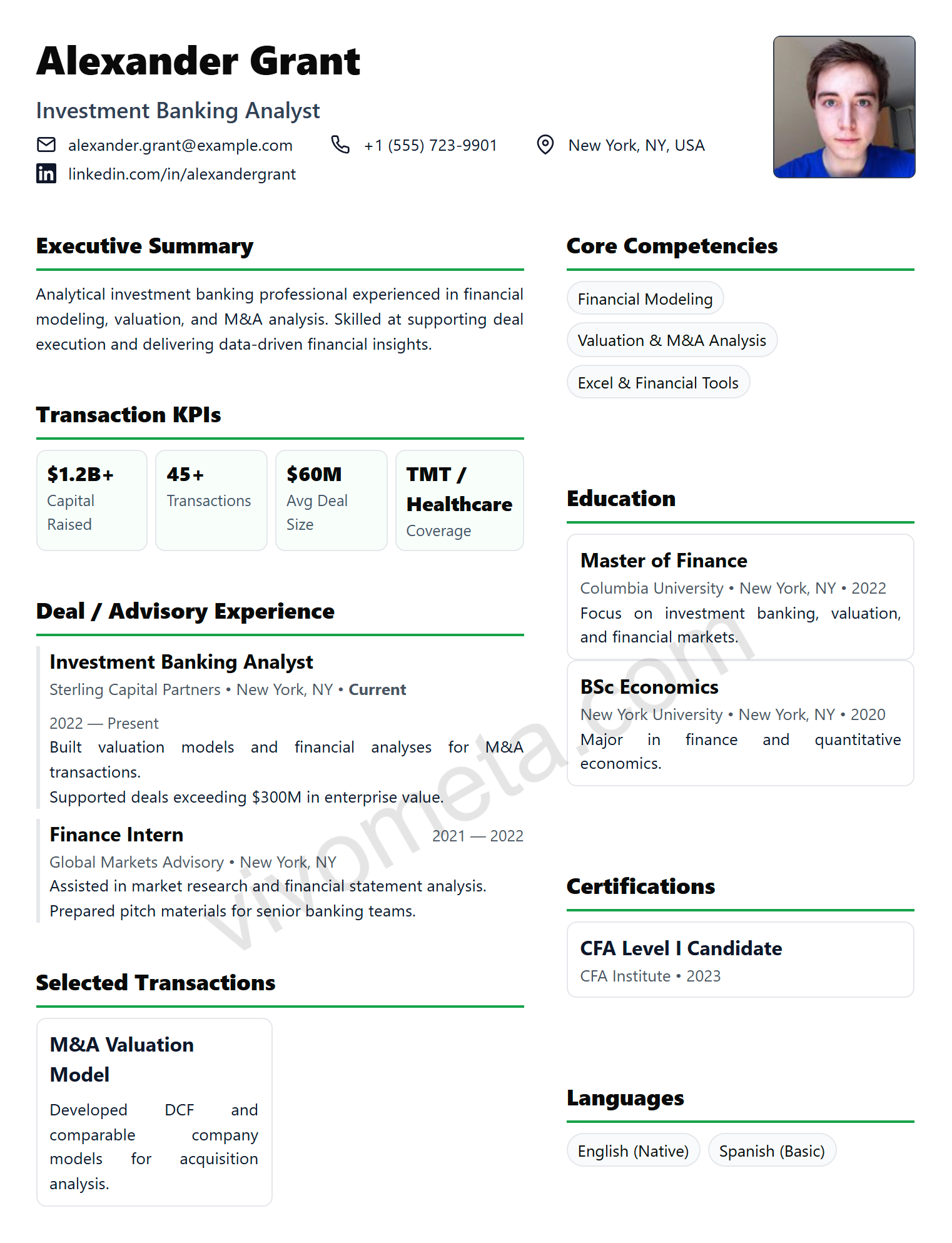 IB Finance Precision resume template preview