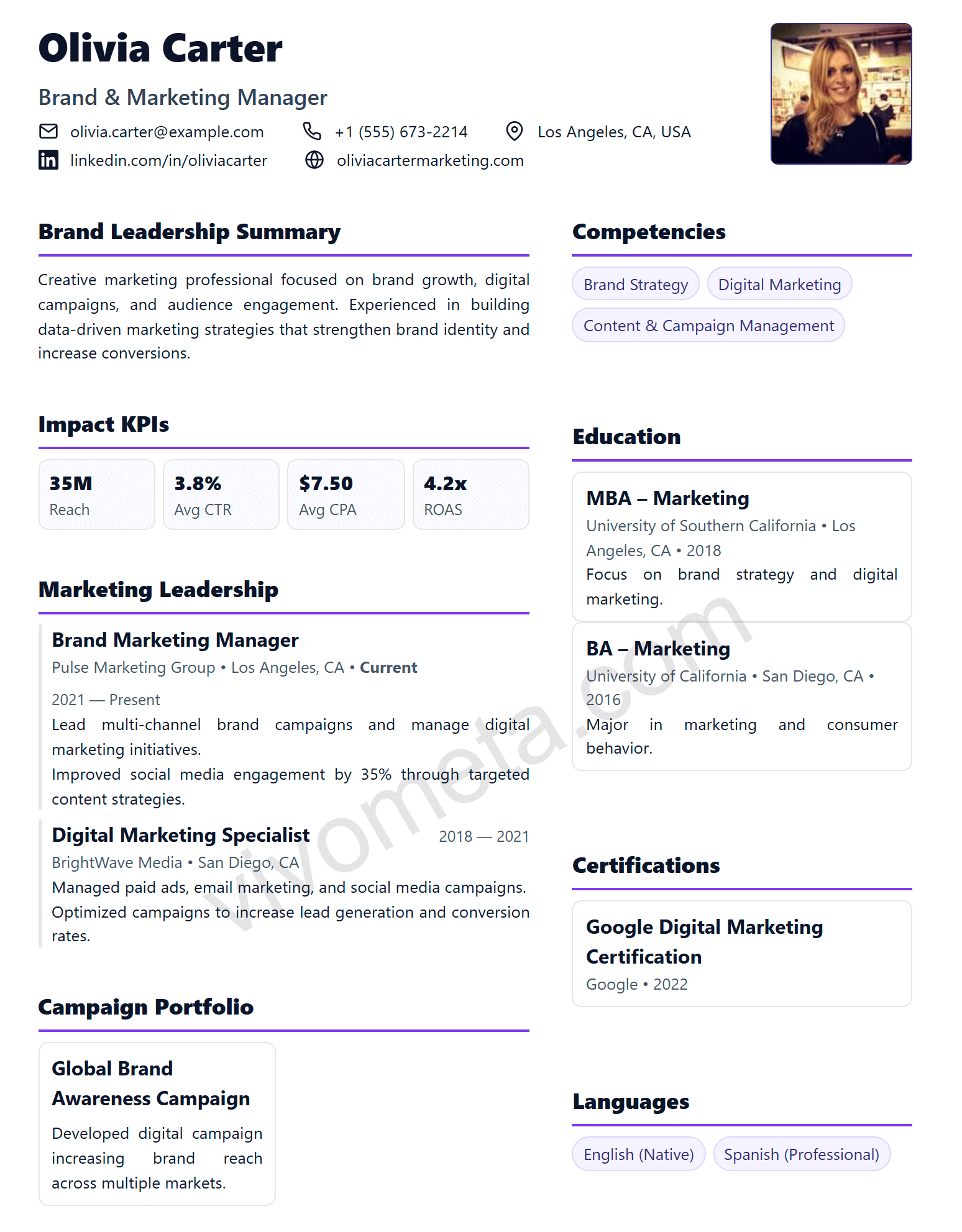 Marketing BrandPulse Pro resume template preview